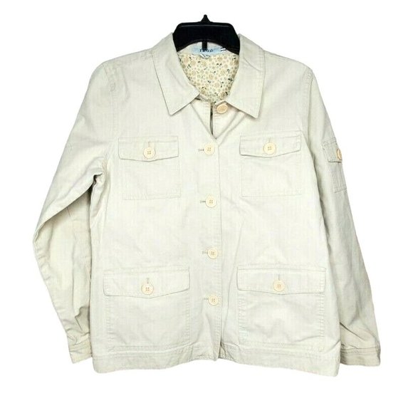 Izod Beige Khaki 5 Cargo Pocket Embroidered Button Up Women Medium Shirt Jacket  - Picture 1 of 12